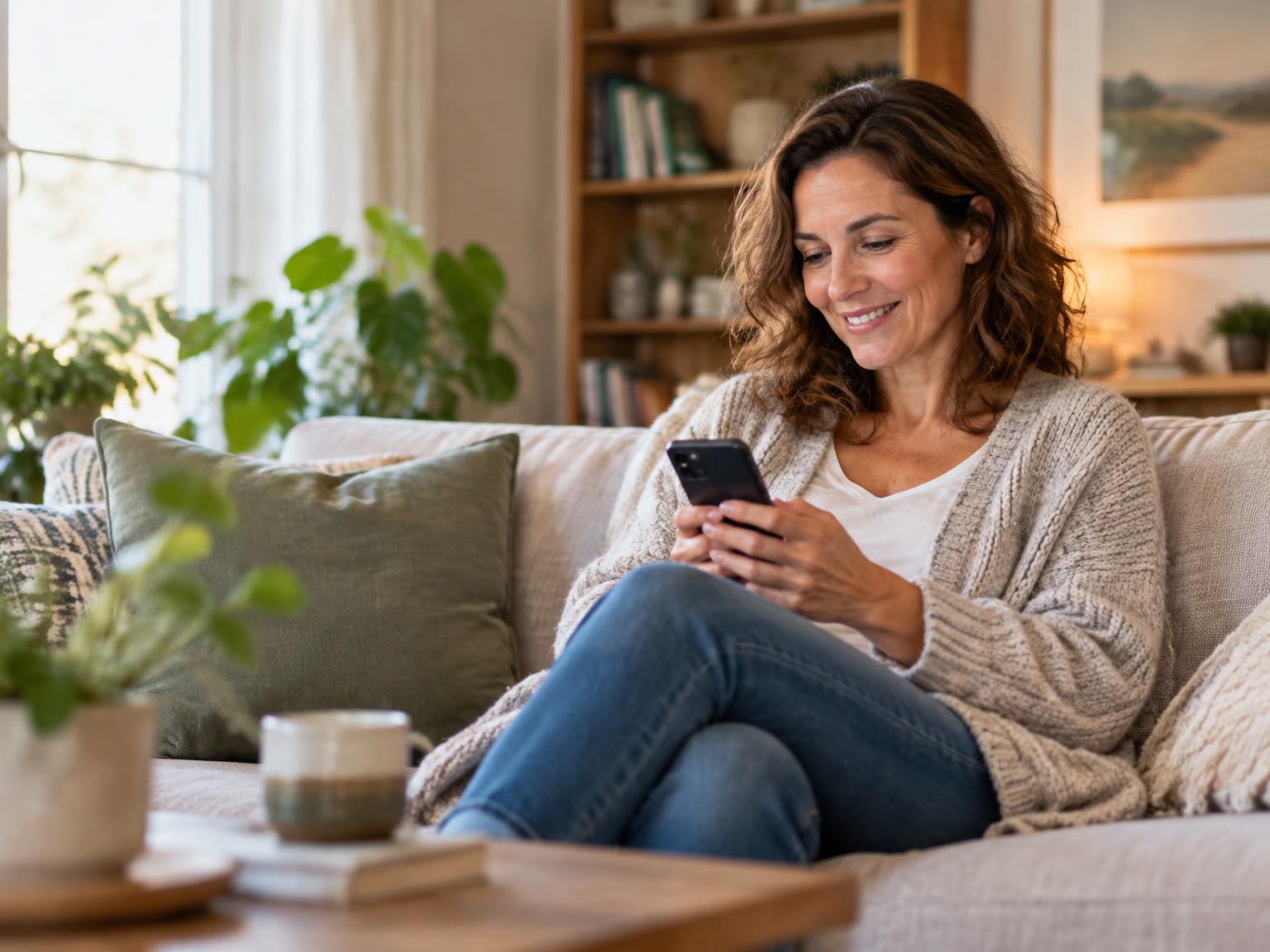 A woman relaxing at home, smiling as she reads a thoughtful message on her phone